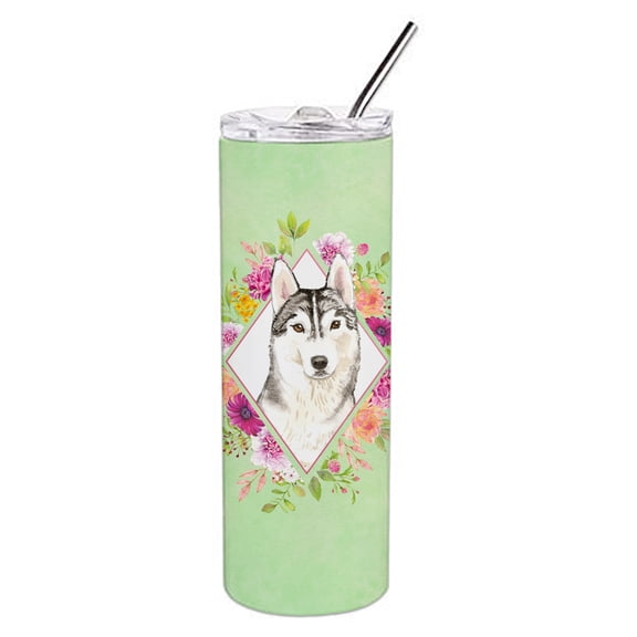 Carolines Treasures CK4370TBL20 Siberian Husky Green Flowers Stainless Steel 20 oz Skinny Tumbler 20 oz multicolor