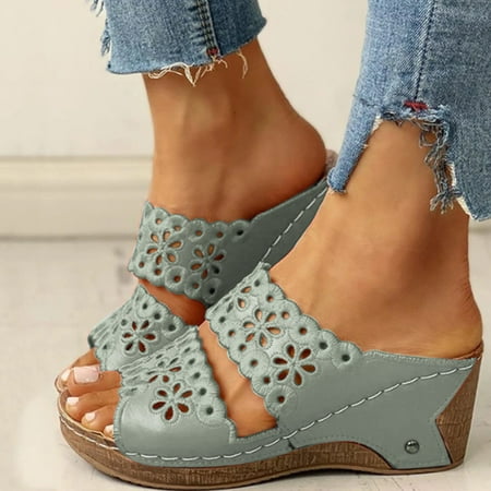 

STEADY Womens Shoes Wedges New Style Sandalias Hollow Out Solid High Heels Slippers Green / 39