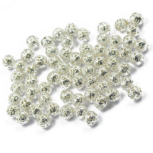 100 cuentas espaciadoras redondas de filigrana de metal, dijes, hallazgos artesanales, chapados en plata, 6 mm