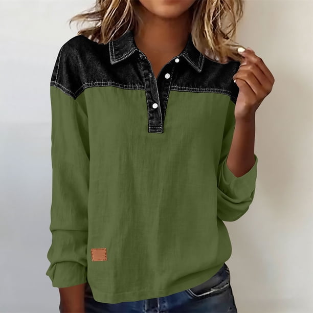 TaTaai Women's long sleeve collared top, linen cotton fabric, color block design, removable buttons, pullover style, casual loose fit, soft breathable, ideal for daily outings & office casual Gift