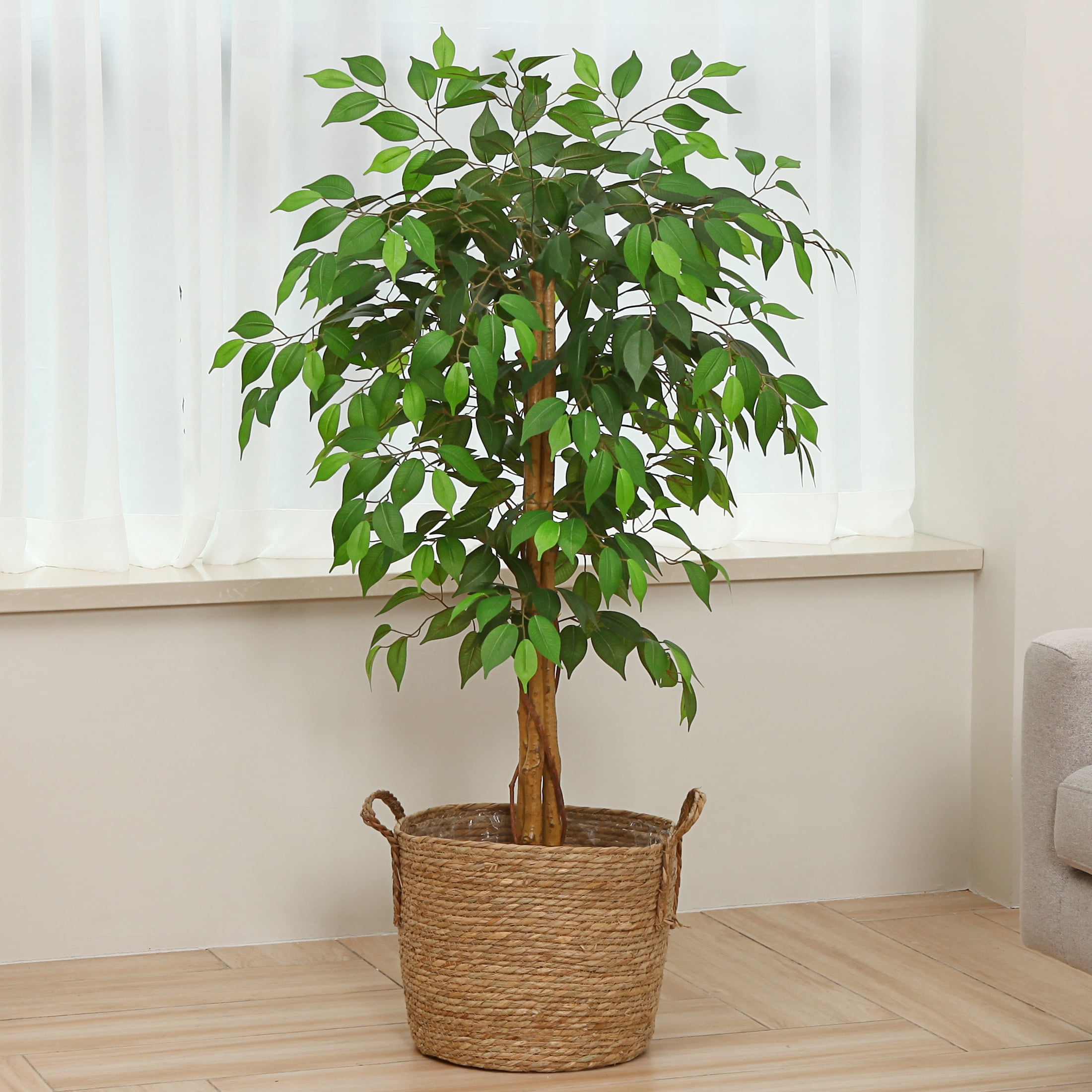 2 Pack 4 ft Ficus Artificial Trees with Realistic Leaves and Natural