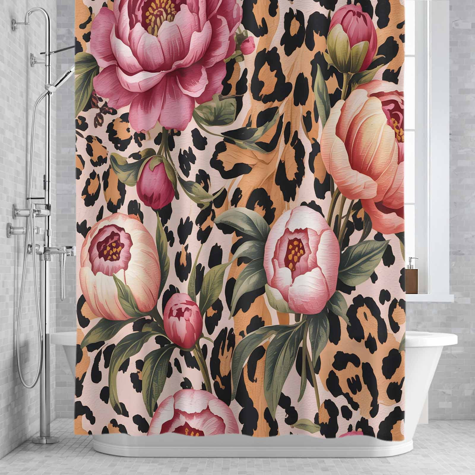 Pink Flowers Shower Curtain for Bathroom, Retro Leopard Stripes Animals Floral Plant Waterproof Cloth Fabric Bathroom Accessories Set with 12 Rust Proof Plastic Hooks, 72"x84"