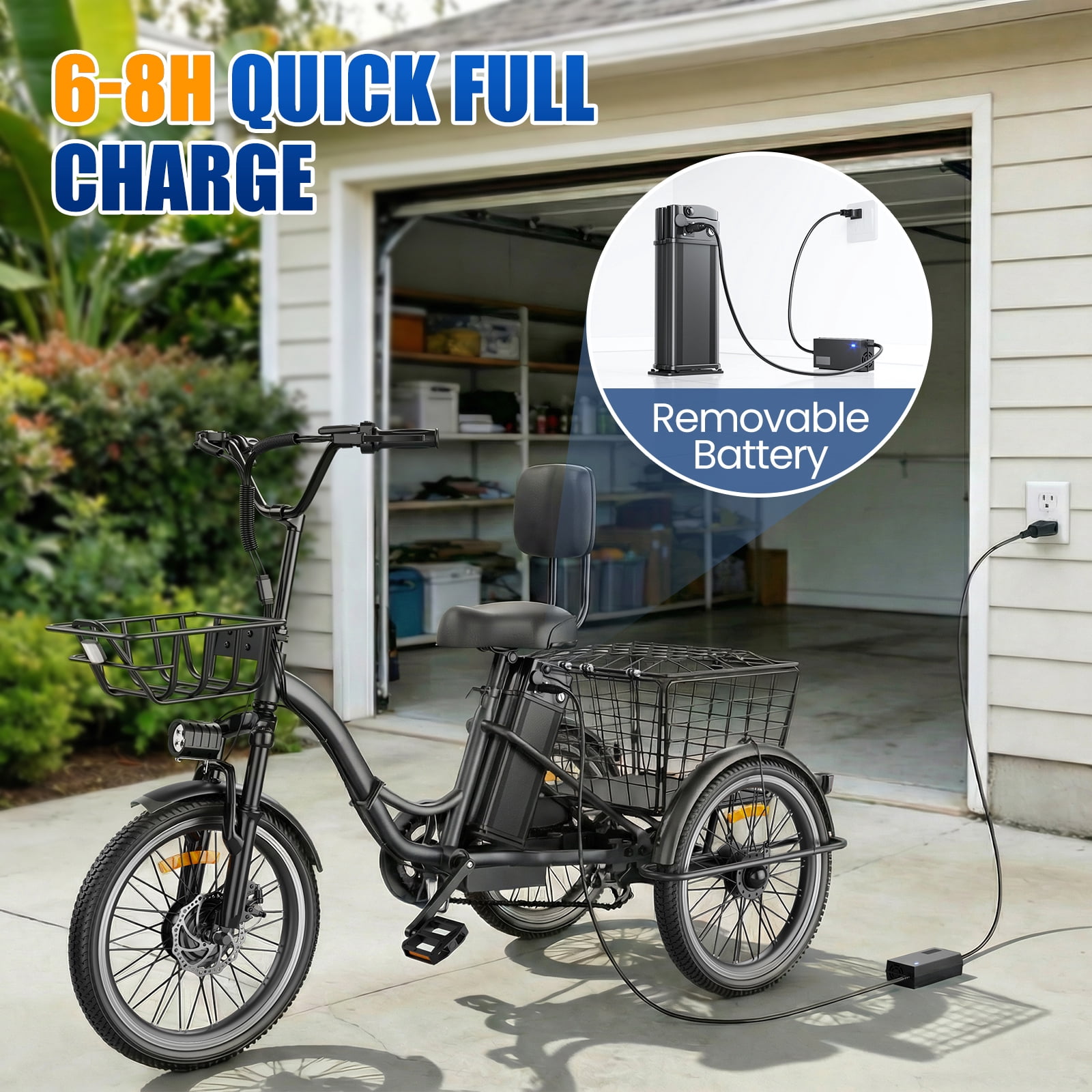 Flycity Electric Tricycle for Adults, Peak 1200W Electric Trike with 48V 15Ah Removable lithium battery, 20" 7 Speeds 3 Wheels Electric Bikes, Black