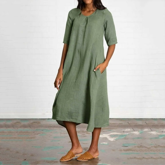 Women Fashion Solid Round Neck Pocket Quarter Sleeve Casual Loose Long Dress Womens Casual Summer Dress Long Sleeve Dresses Casual for Women Dress Ruffles Women Womens Long Dresses Woman Maxi Dresses