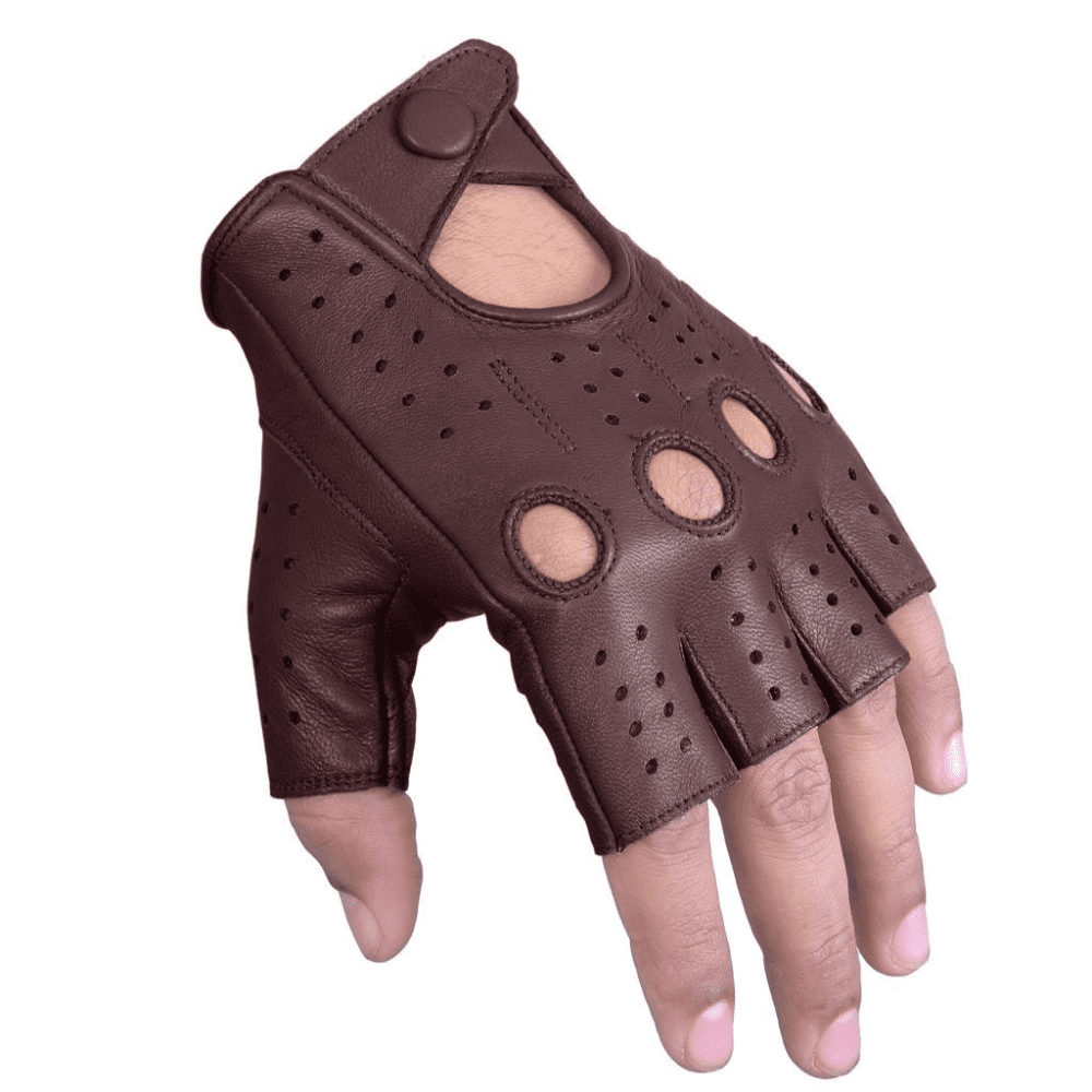 Driving Half Finger Finger less Knuckle Holes For Men Genuine Motorcycle Leather Gloves Brown
