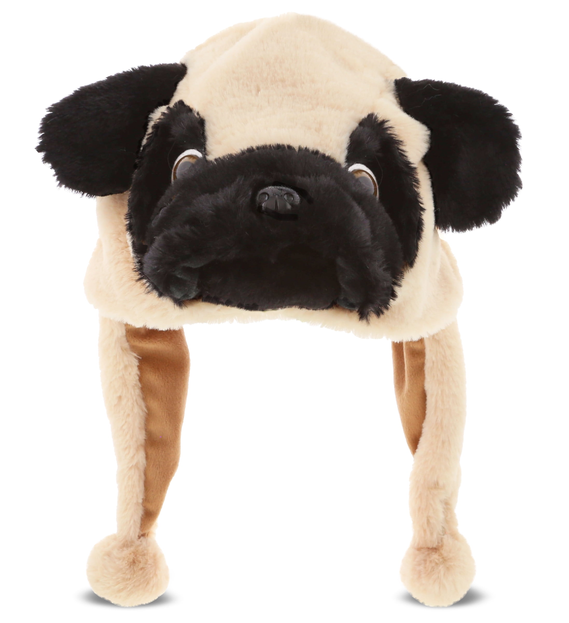 DolliBu Pug Dog Plush Winter Hat Super Soft Pug Stuffed Animal Novelty Hat with Ear Flaps Pet Life Animal Costume Hat with Cozy Fleece Funny Beanie Dog Plush Hat for Kids
