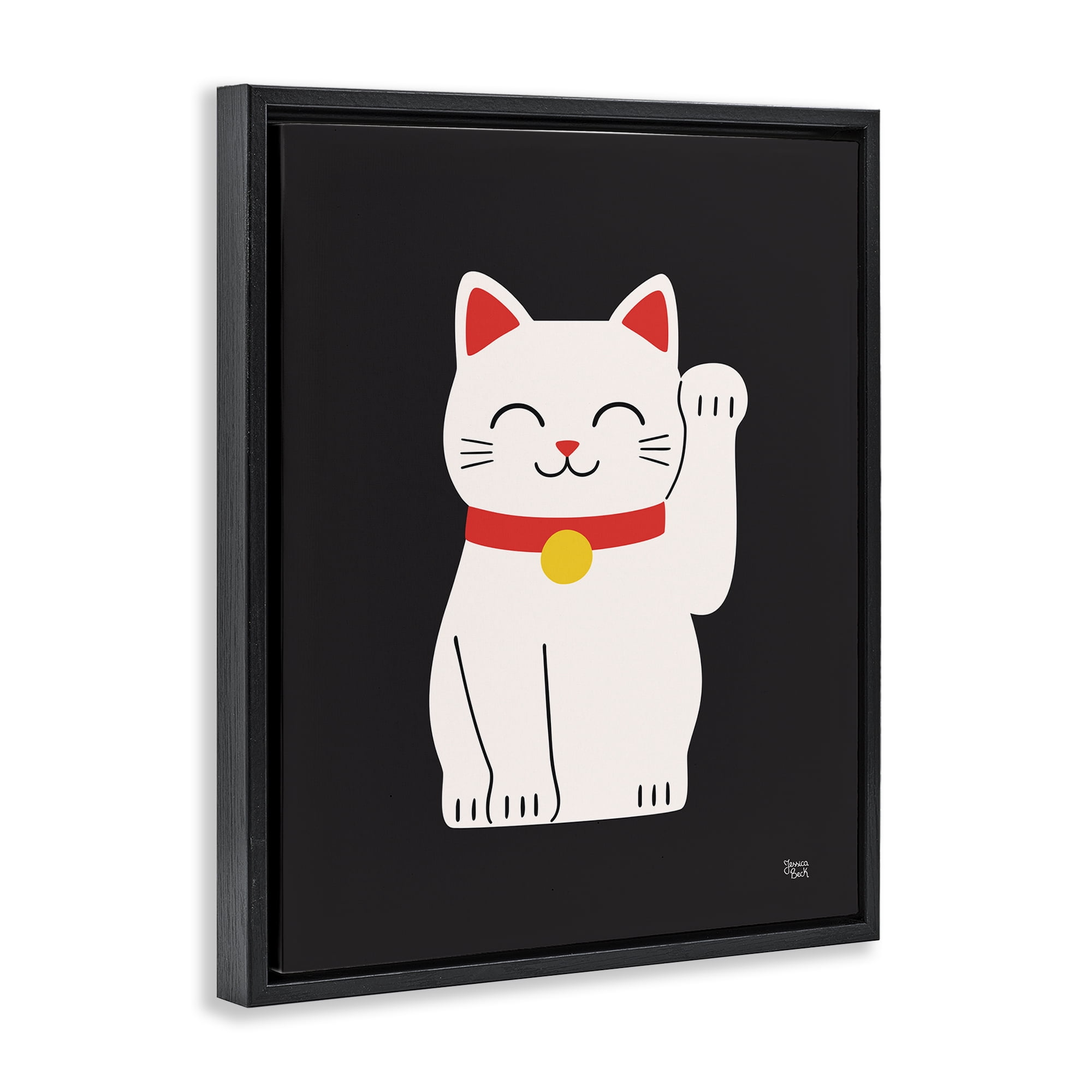 Stupell Industries Maneki Neko Lucky Cat Animals Painting Black Floater Framed Canvas Art Print Wall Art, 17 x 21