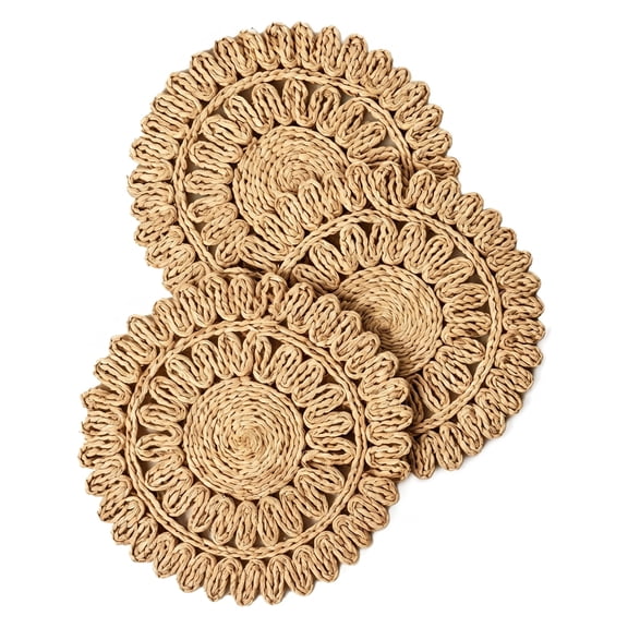 MoHern 3 Pcs Japanese Style Woven Placemats, Lace Edge Heat Resistant Cup Mats, Anti-Slip Table Decor Pads for Home Kitchen Dining Use