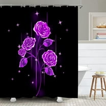 Purple Rose Shower Curtain Beautiful Flowers in The Dark Bath Curtain for Women Fabric Cloth Bathroom Decor Set Hooks Included 72"x 72" Black