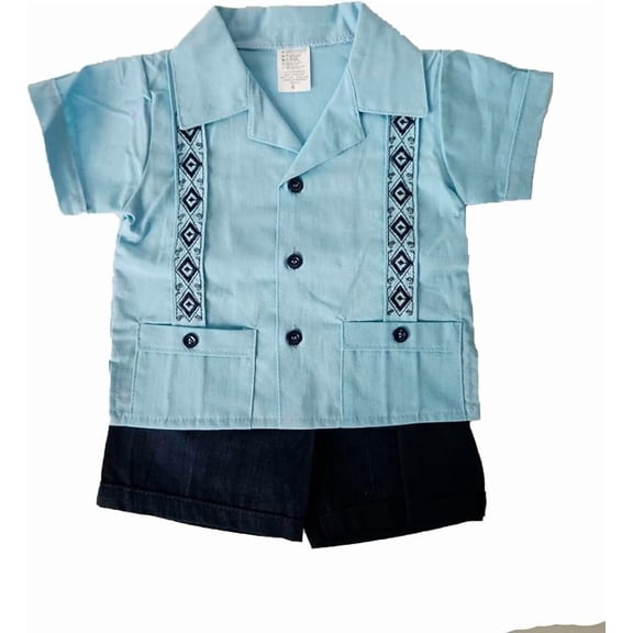 Guayabera para Bebé Pañalero con Short, Conjunto Mexicano de 2 Piezas para Niño, Guayabera Infantil de Manga Corta