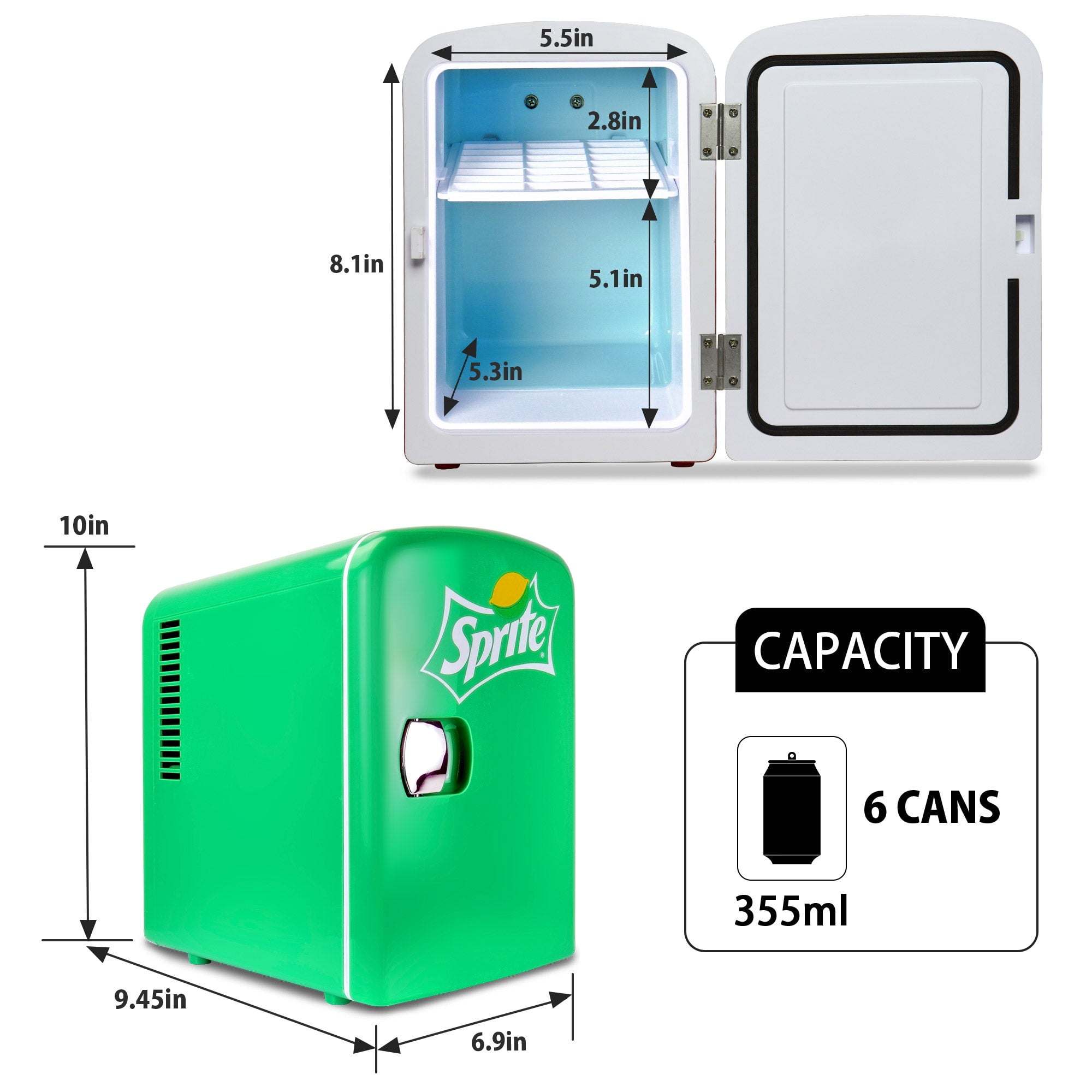 Coca-Cola Sprite 4L Cooler/Warmer w/ 12V DC and 110V AC Cords, 6 Can Portable Mini Fridge, Personal Travel Refrigerator for Snacks Lunch Drinks Cosmetics, Desk Home Office Dorm, Green