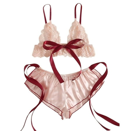 (2-Pack) Puawkoer Women Sexy Lace Wireless Lace Lingerie Shorts Set Bow Bra Satin Shorts Satin Lace Robe Set for Women Sleepwear Lingerie Pajamas S-3Xl Lace Pajamas for