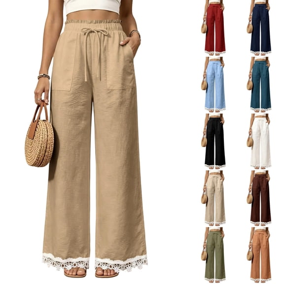 Women's Casual Wide Leg Sweatpants High Waist Baggy Pants with Pockets Drawstring and Lace Trim Patch Pockets for Everyday Wear