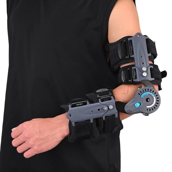Komzer Hinged Elbow Brace ROM Elbow Brace Support with Strap Sling Adjustable Post Op Elbow Stabilizer Splint Arm Injury Recovery Support After Surgery (Left)