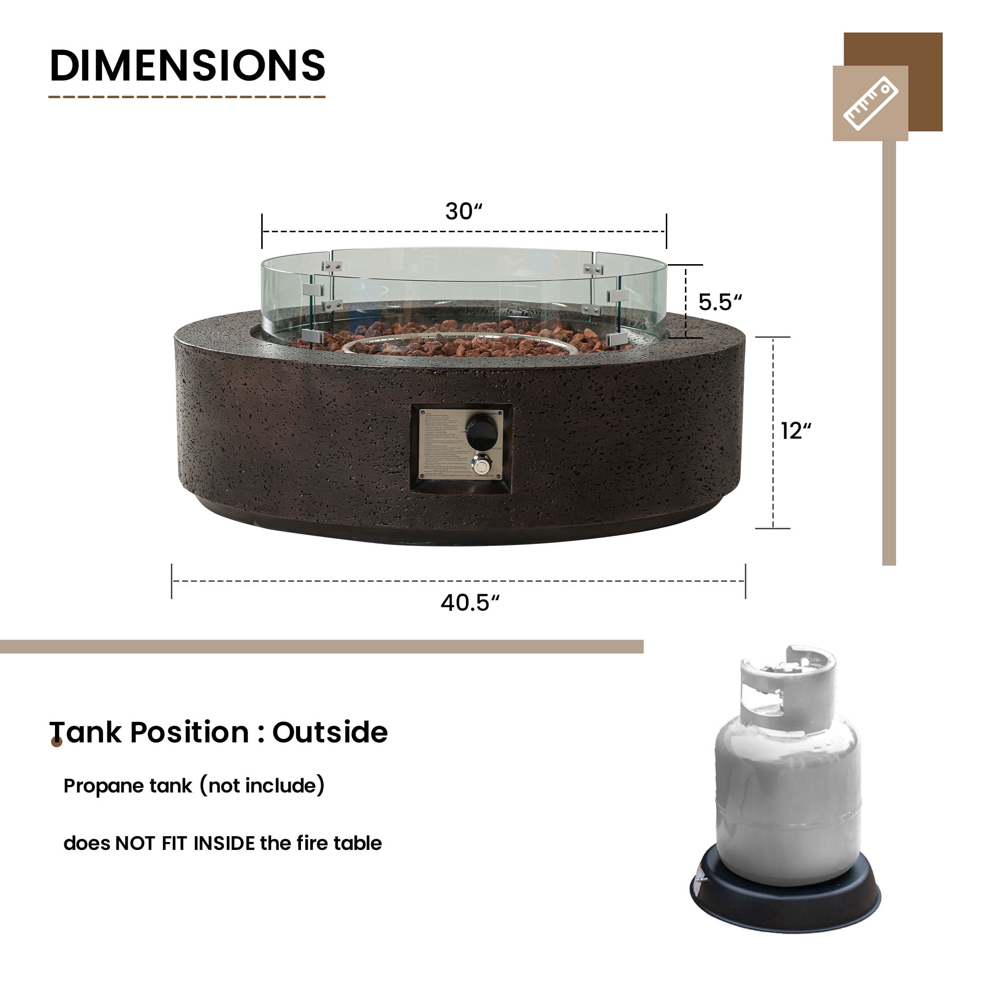 VENTOPYR 40.5-inch Outdoor Propane Fire Pit Coffee Table w Concrete Round Base Patio Heater, 50,000 BTU Stainless Steel Burner, Free Lava Rocks, Wind Guard, Rain Cover