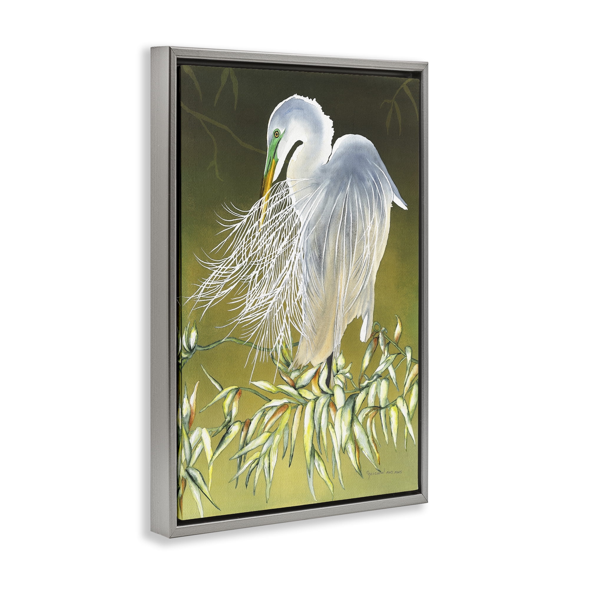 Stupell Industries Heron with Detailed Feathers Animals & Insects Painting Gray Floater Framed Canvas Art Print Wall Art, 17 x 25