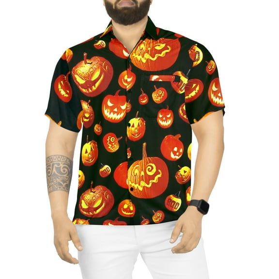 HAPPY BAY Men's Button Up Short Sleeve Beach Caribbean Cruise Shirt Fashion Halloween Costumes Hawaiian Shirts for Men XXL Scary Pumpkins Spooky Orange