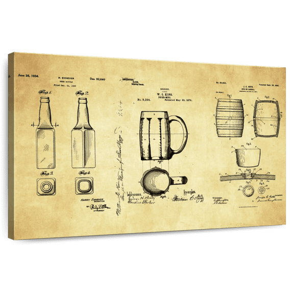 Elephant Stock Beer Compilation Patent Wall Art - Horizontal Canvas Wall Art - Dining Room Wall Decor - Patent Canvas - Black And Yellow Decor - 12" x 8"