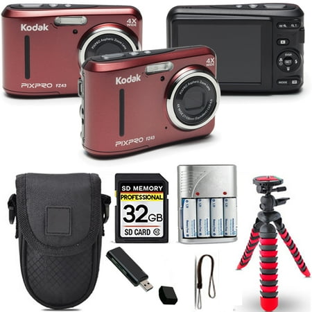 Kodak PIXPRO FZ43 Digital Camera (Red) + Spider Tripod + Case - 32GB Kit