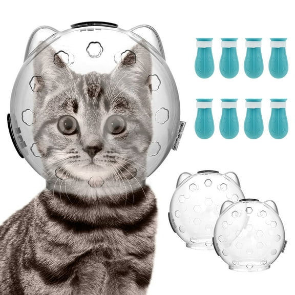 Tcwhniev 2 Pcs Cat Muzzle for Grooming Breathable Kitten Anti Bite Hood with 4 Silicone Paw Cover Transparent Cat Head Cover for Bathing Nail Trimming