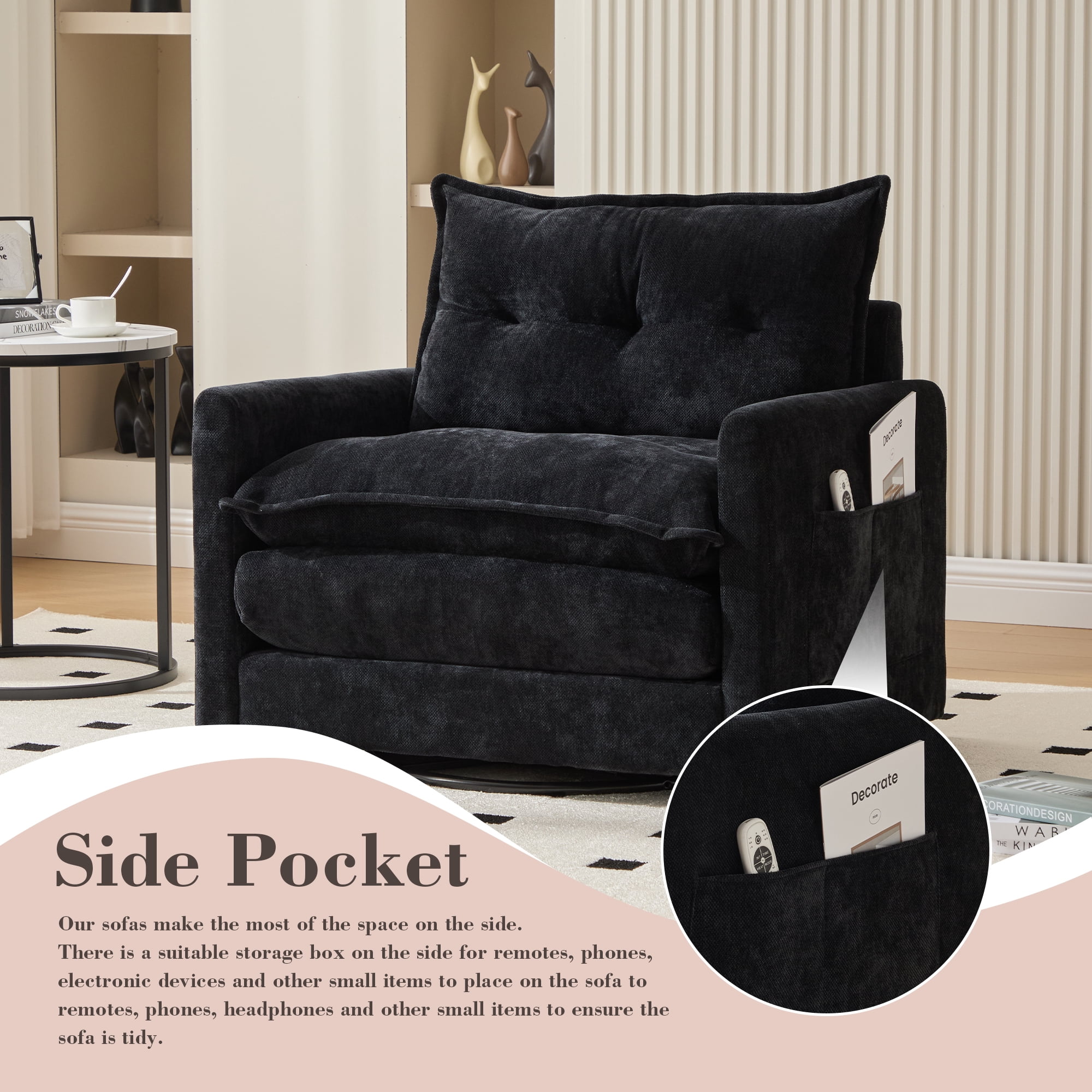 MOONMISS Chenille Upholstered 360°Degree Swivel Mid Century Modern Arm Chair for Living Room-Black