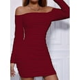 thumbnail image 4 of Women'S Off the Shoulder Long Sleeve Ruched Bodycon Dress Bustier Wrap Mini Dress Wine Red S, 4 of 9
