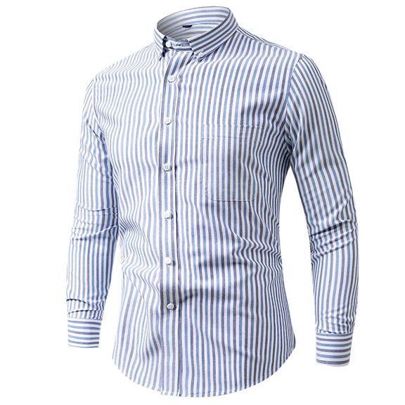 Leleluli Men's Vertical Striped Button Down Long Sleeve Shirt, Button Collar Cotton Casual Dress Shirts With Chest Pocket, Slim Fit Striped Button Up Tops for Business Daily Office