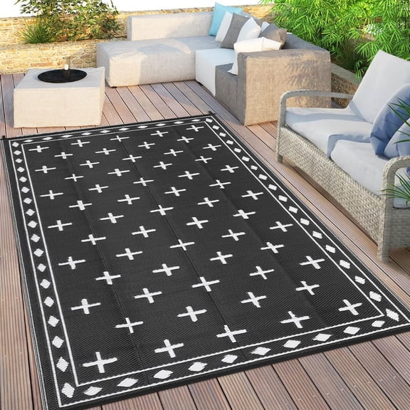 9x12 Plastic Outdoor Rug Reversible Waterproof Straw Mat Black | Lightweight Plastic Rug with Carry Bag & 4 Stakes, UV-resistant Hose-cleanable Outside Mat for Patio Deck, Balcony