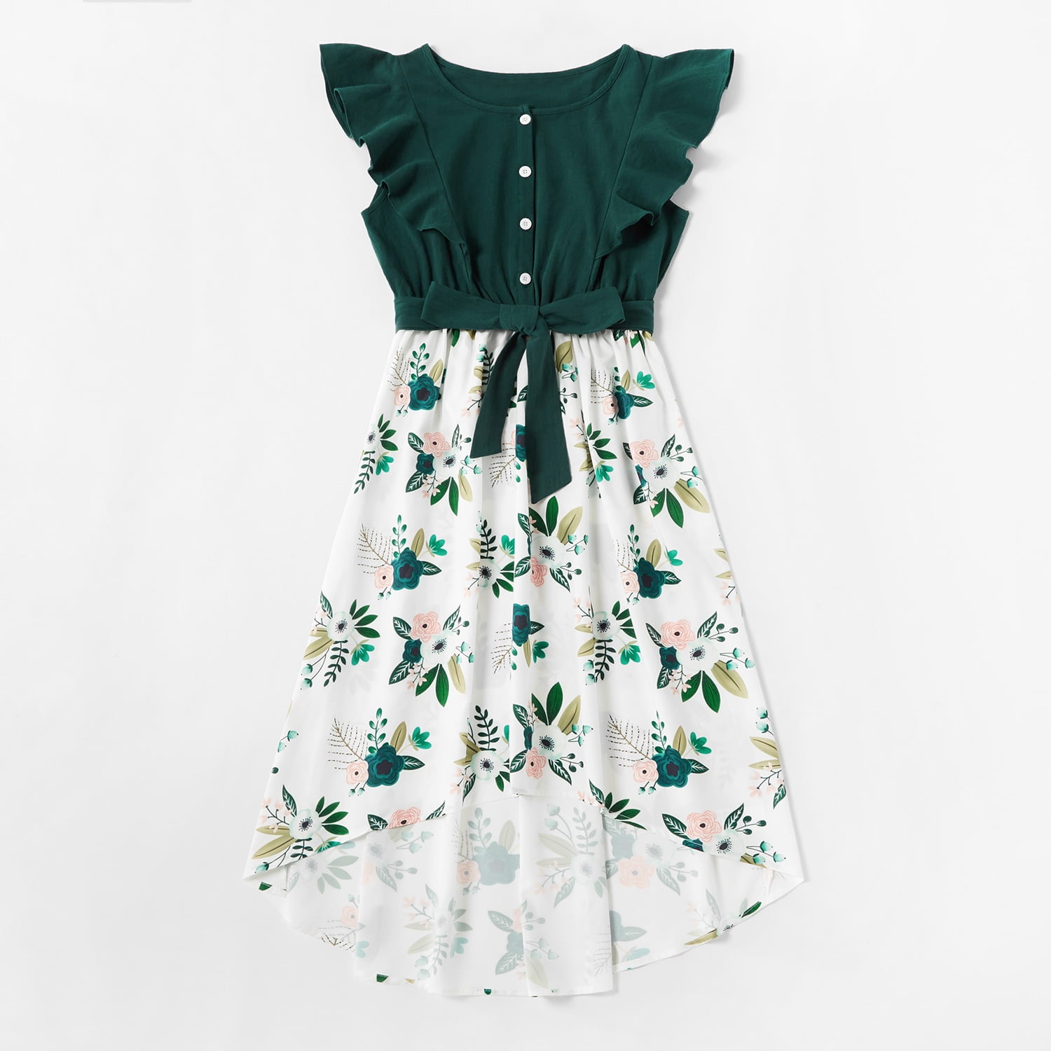 Mommy and Me Plant Print Stitching Solid Tank Dresses