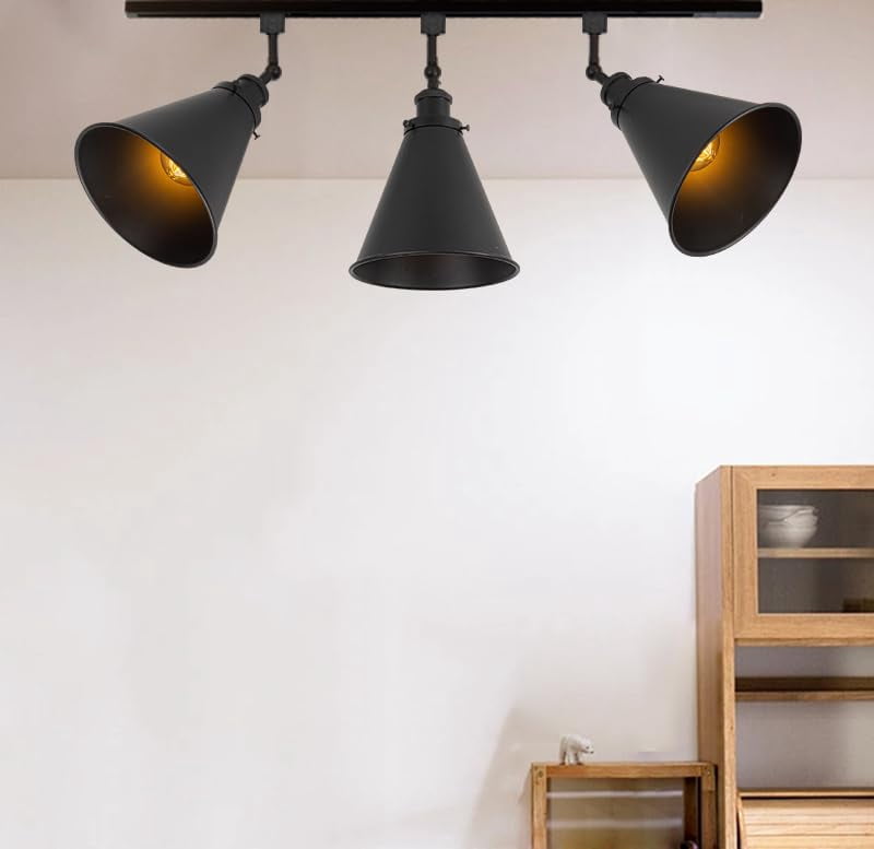 KAYYELAMP Set of Three Black Track Lamp E26 Base Metal Cone Shade Adjusted Rotated Angle J-Type Track Head Lighting Vintage Design for Wall Painting Kitchen(No Bulb, Track)