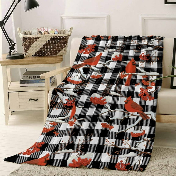 Christmas Cardinal Bird Throw Flannel Blanket 40x60In Winter Red Birds Black White Plaid Super Soft Cozy Bed Blanket, Lightweight Plush Fuzzy Bed Throw for Bedroom Sofa Couch Living Room