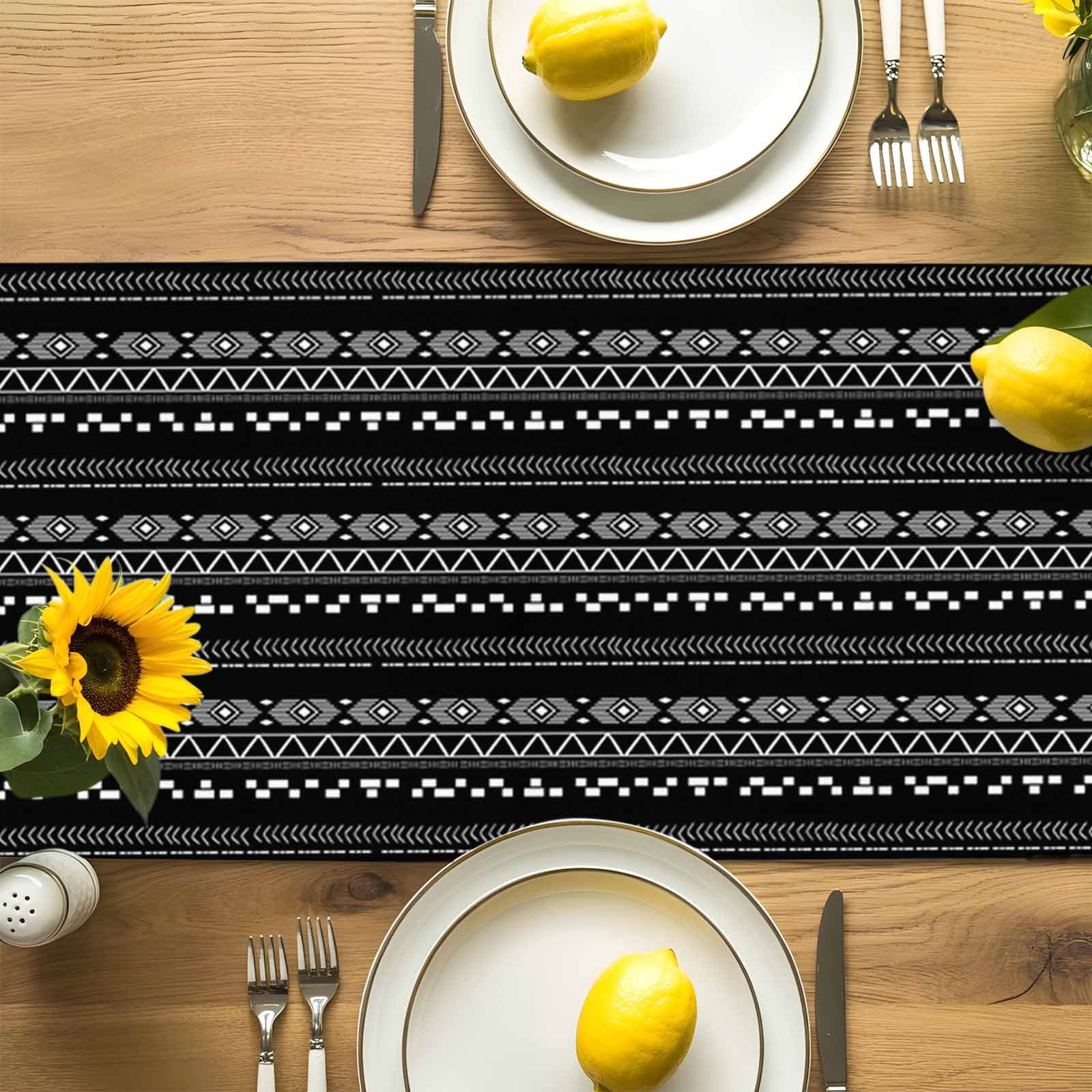 Lines Stripe Diamond Triangle on Black Table Runner 90 Inches Long, Ethnic Tribal Pattern Table Runners Tabletop Scarf Kitchen Dining Tables Decoration for Home Party Indoor Outdoor
