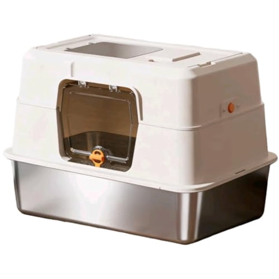 Enclosed Cat Litter Box, Stainless Steel Base Anti-Urine Leakage Non-Sticky Dual Entry Top and Front Door for Pets (White)