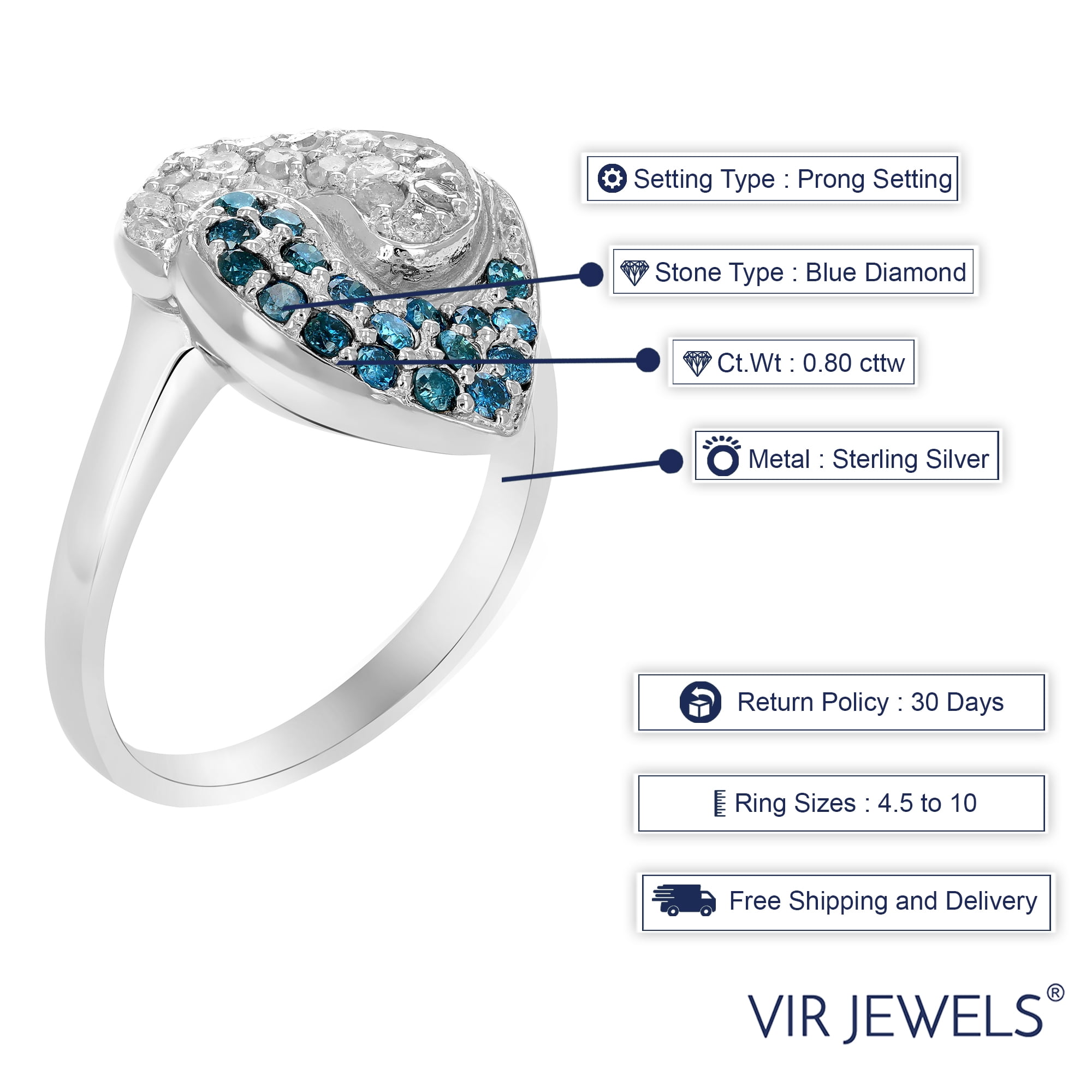 Vir Jewels 0.80 CTTW Blue and White Diamond Ring for Women .925 Sterling Silver with Rhodium