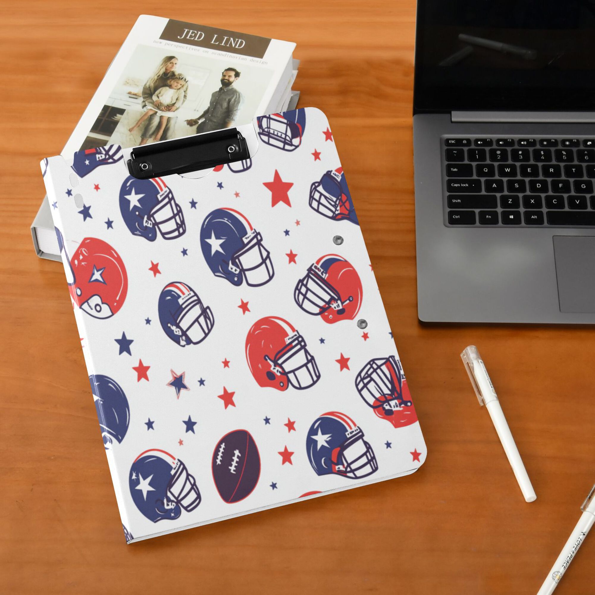 FORMRS A4 Clipboard Folder with Pen Holder Horizontal Foldable School Office Binder, Star Spangled Helmets