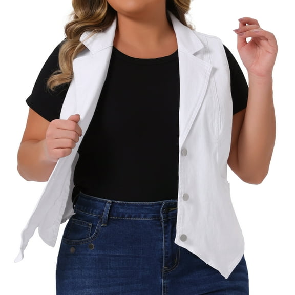 DARING DIVA Women's Plus Size Lapel Casual Waistcoat Jean Vest 1X White