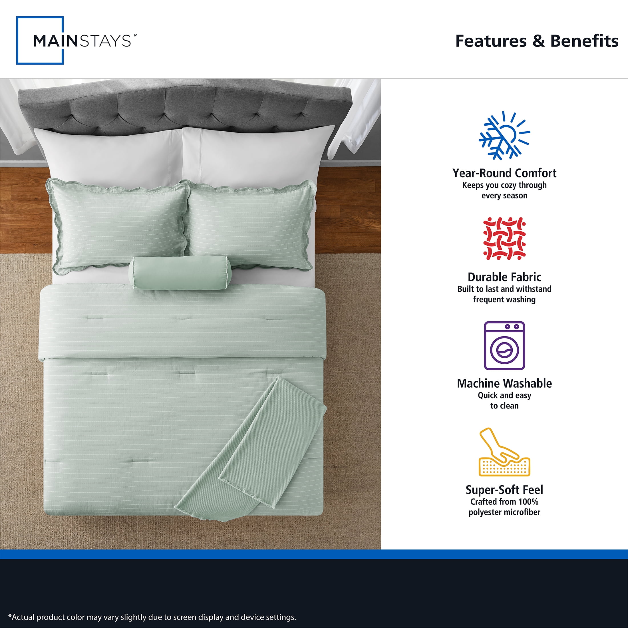 Mainstays Scallop 4-Piece Pick Stitch Sage Comforter Set, Twin/Twin XL