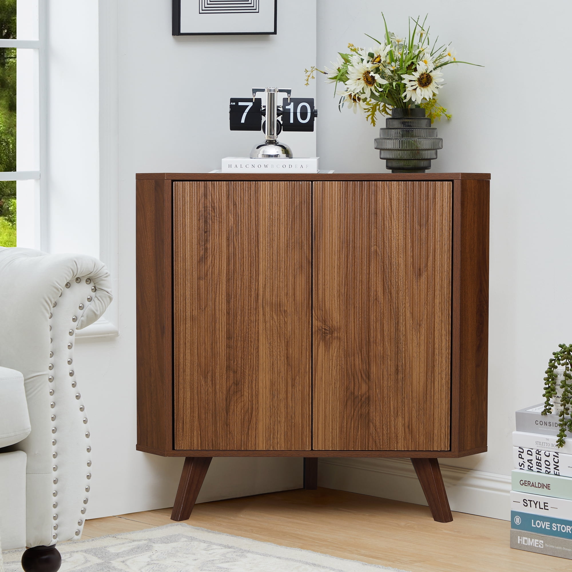 Weselon Triangular Corner Storage Cabinet with 2 Doors for Bathroom, Floor Corner Storage Cabinet, Freestanding Corner Cabinet , Brown