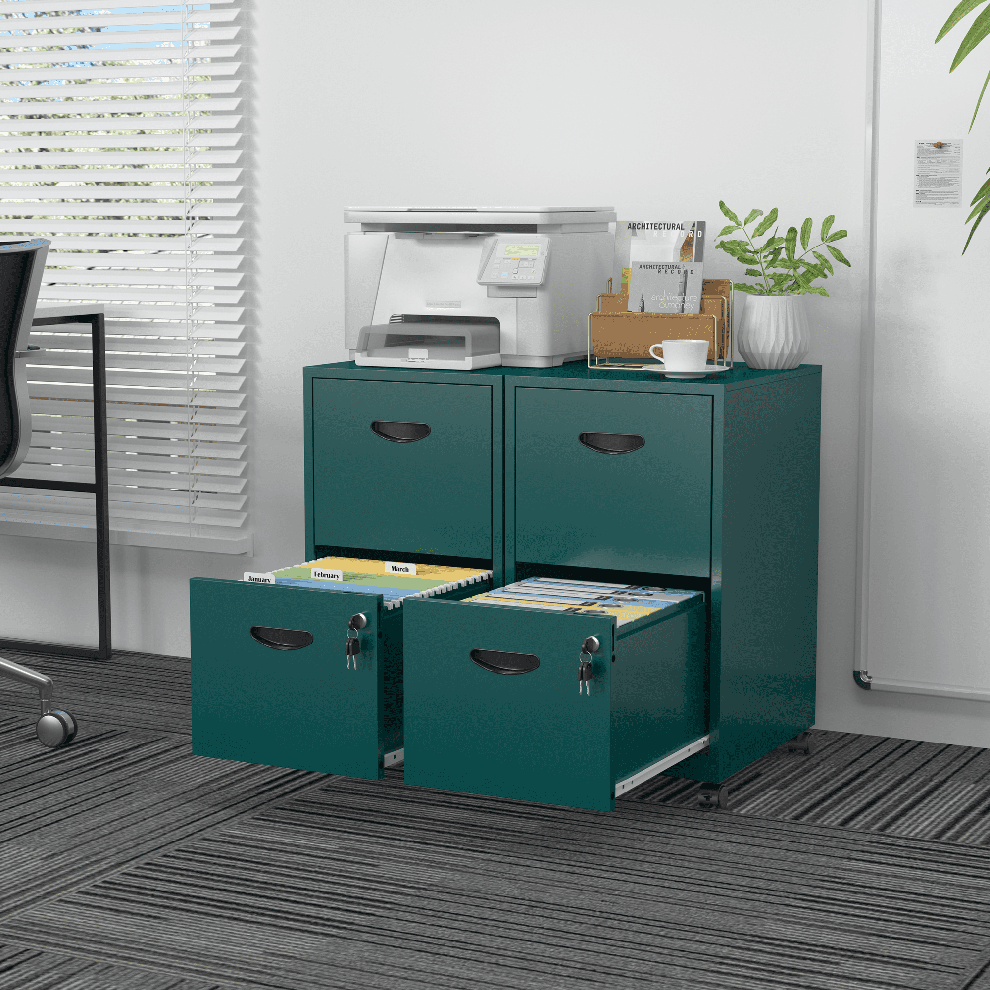 SteeLoong File Cabinet on Whells,Freestanding Storage Organizer,Green Metal 2-Drawer,Letter Size,Easy Assemble