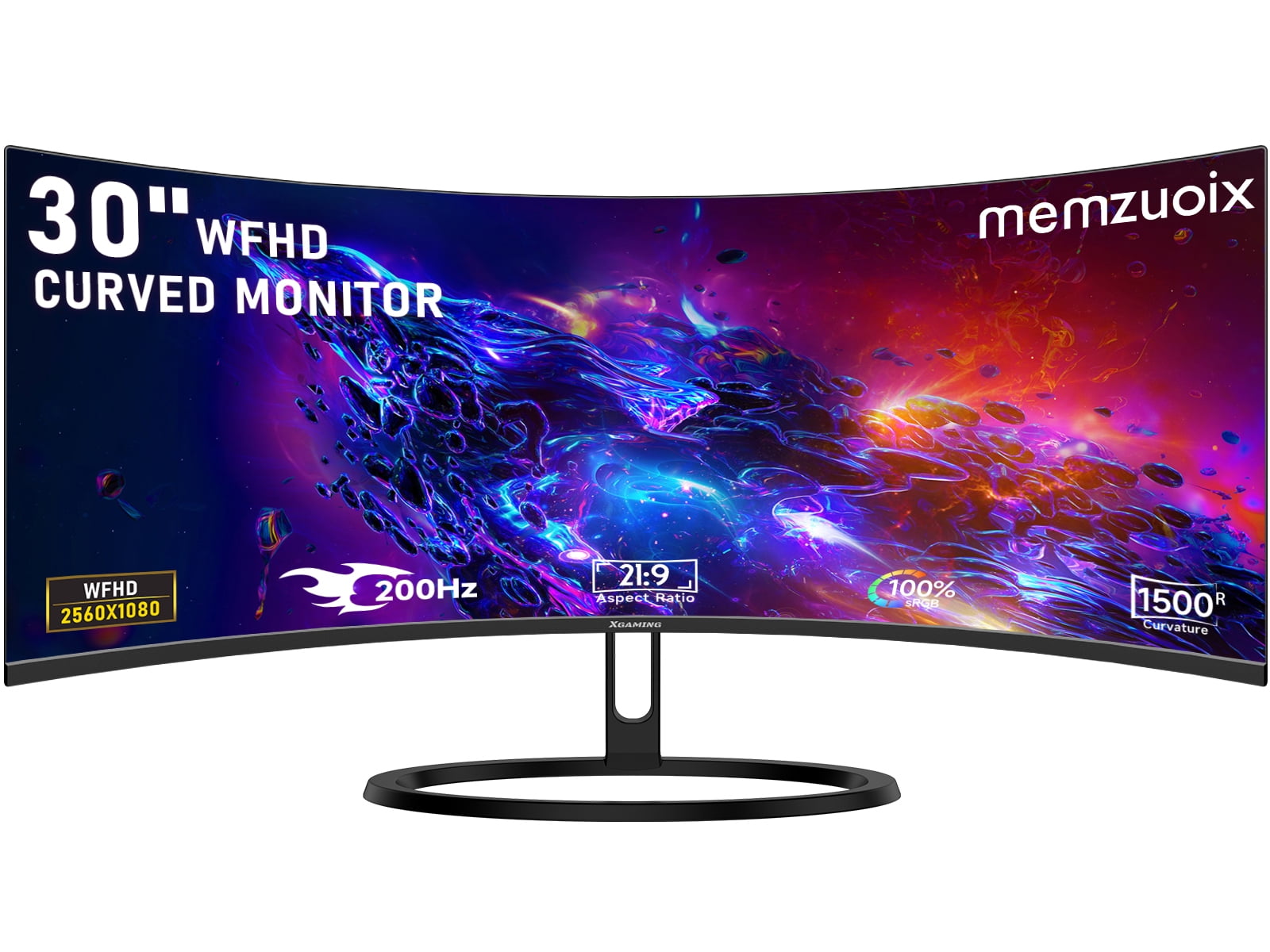 Memzuoix 30" Curve PC Gaming Monitor 1800R WFHD (2560 x 1080) FreeSync 200Hz 1ms VRB VESA Mountable PC Monitor, Height, Tilt, Swivel Adjustable 2 x HDMI 1.4 Port & VGA Metal Black