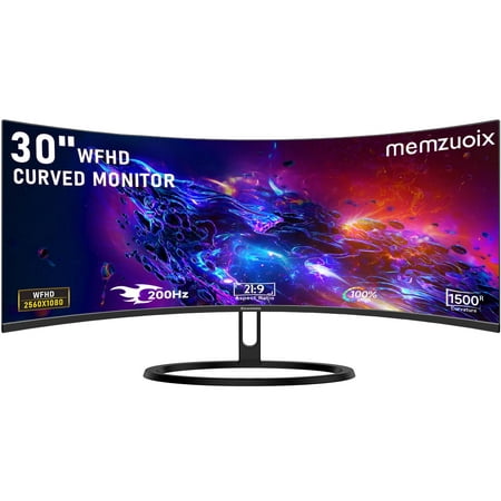 Memzuoix 30" Curve PC Gaming Monitor 1800R WFHD (2560 x 1080) FreeSync 200Hz 1ms VRB VESA Mountable PC Monitor, Height, Tilt, Swivel Adjustable 2 x HDMI 1.4 Port & VGA Metal Black