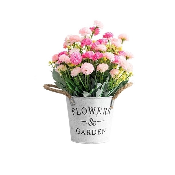 Arreglo floral de imitación de claveles falsos, plantas artificiales con maceta de hojalata