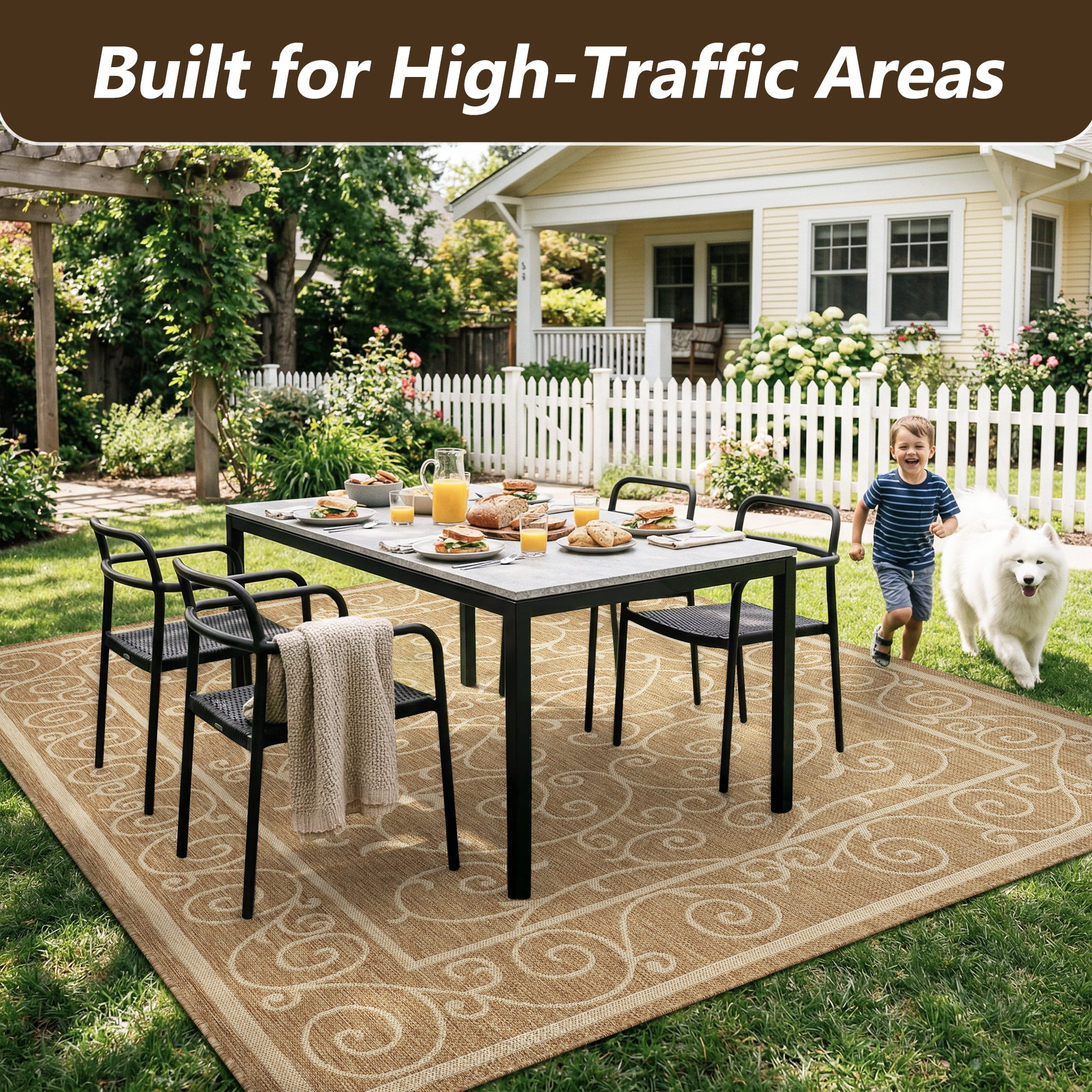 SIXHOME Outdoor Rugs 8'x10' Patio Rug Bohemian Floral Indoor Outdoor Rugs Polypropylene Washable Non Shedding, Easy Clean, Waterproof, Durable Outdoor Carpet for Porch Balcony Deck Neutral Brown