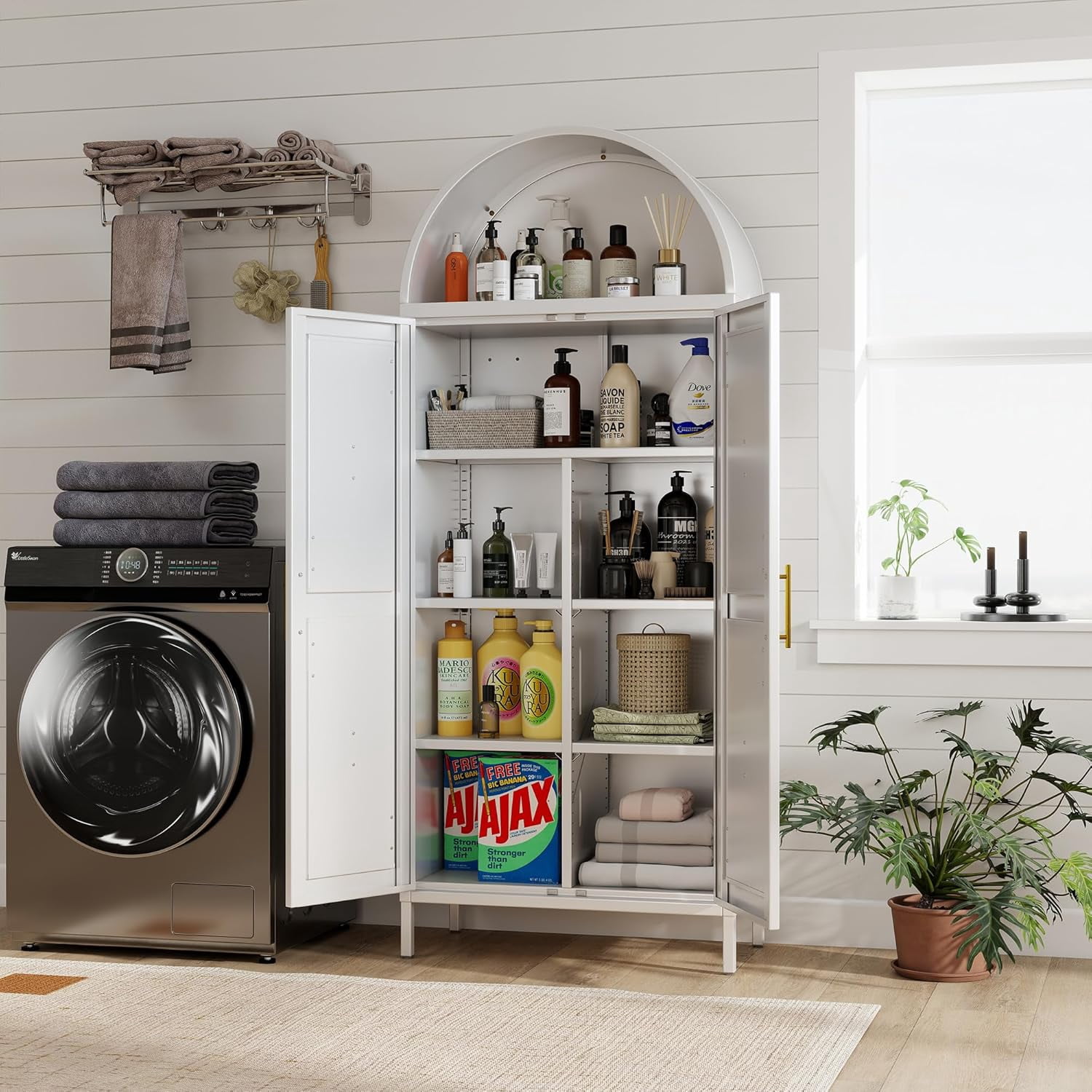 Metal Arched Kitchen Pantry Cabinet with 4 Adjustable Shelves, Farmhouse Arched Cabinet with 2 Doors for Kitchen,Bedroom,Living Room,White, Assemble Required,13.8" D x 27.6" W x 66.9" H