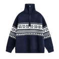 thumbnail image 4 of Men's Christmas Knit Half Zip Mockneck Sweater Coat Thermal Fit Fair Isle Patterned Knitwear Winter Outerwear Navy L, 4 of 4