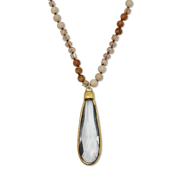Crystal Pendant and Genuine Jasper and White Agate Goldtone Necklace 32-inch