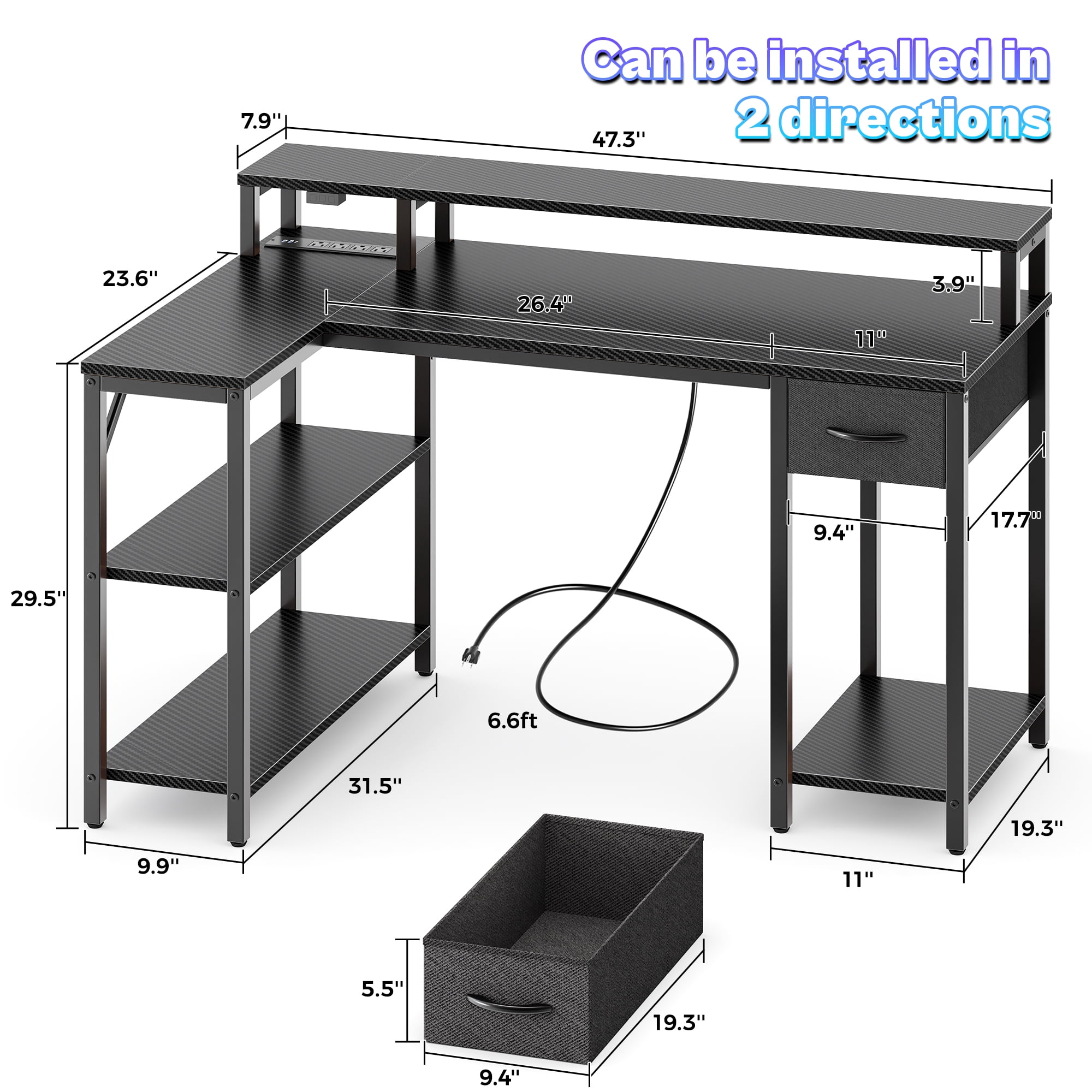 Amadwell 47 Inch L Shaped Desk with LED Strip, Corner Gaming Desk with Power Outlet, Drawer & Shelves