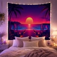 thumbnail image 2 of Boardwalk with Lights and Palm Silhouettes Over Calm Ocean, Nostalgic Retro for Beach Lovers, Coastal Scene Wall Art, Housewarming Gift, Tapestry Wall Hanging for Living Room and Dorm, 2 of 7