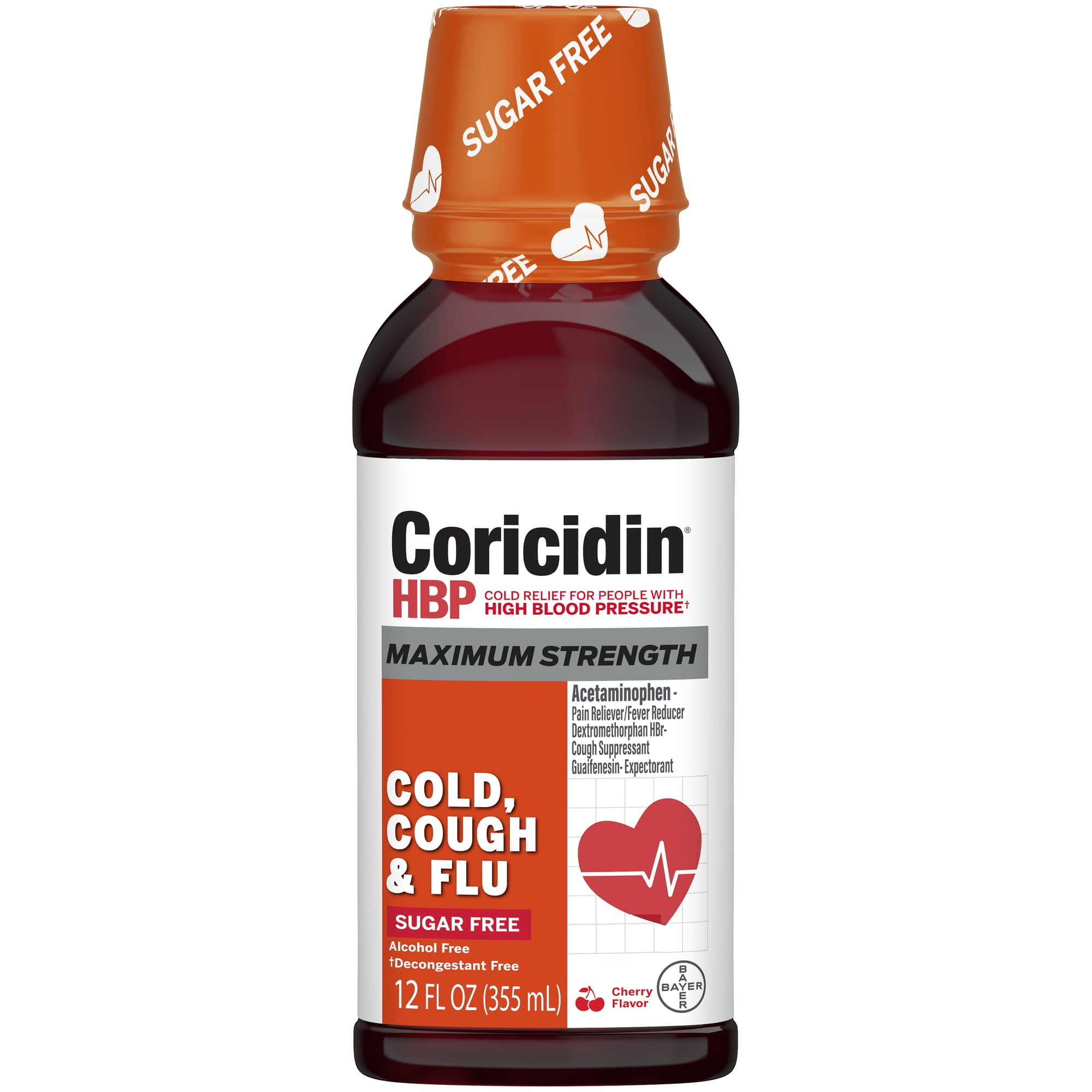 Coricidin HBP Cold, Cough & Flu Medicine, Sugar Free Day Liquid, Cherry, 12 fl oz