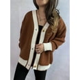 thumbnail image 2 of Women'S Contrast Color Button Down Sweater Oversized V-Neck Ribbed Knit Coat Cardigan Brown M, 2 of 7
